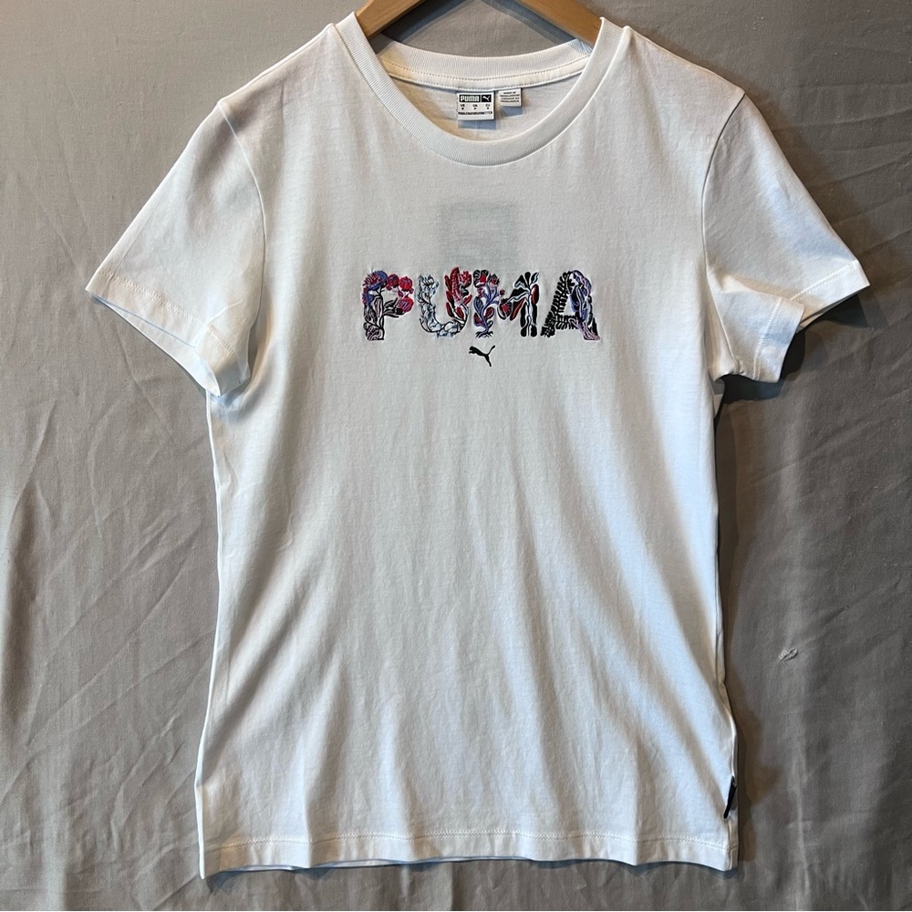 Puma White Short Sleeve Tee with Floral Logo